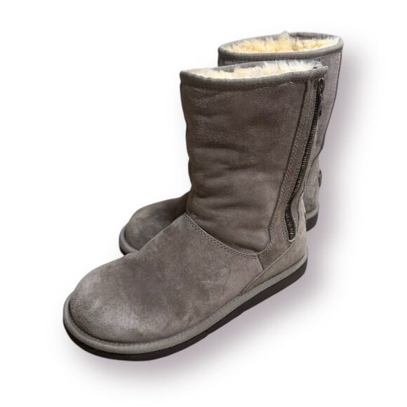 UGG Gray Leather Shearling Lined Zip Boots Women's 7 Mid Calf Boots Winter - Picture 2 of 9